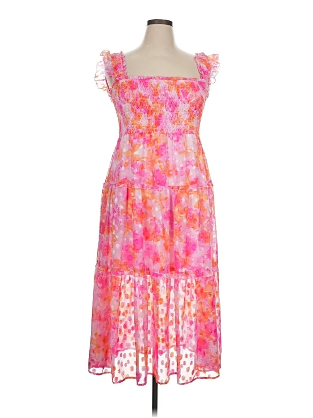 Versona Pink & Orange Floral Smocked Midi Dress with Ruffle Straps